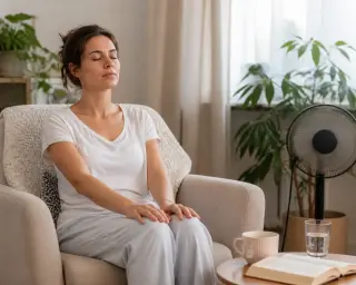 Une femme jeune se repose sur un fauteuil dans un salon lumineux, les yeux fermés, avec une tasse de thé et un livre ouverts devant elle, dans une ambiance paisible et ordinaire.
