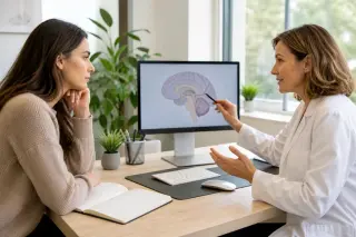 Consultation entre une jeune femme et une neurologue dans un cabinet médical lumineux, avec carnet et ordinateur, ambiance calme et rassurante.