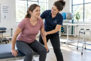 Woman with multiple sclerosis practicing standing up with the help of a physiotherapist in a bright, modern rehabilitation clinic, both focused and calm
