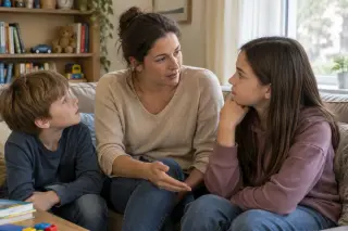 A mother sits with her two children on a sofa in a bright, cozy living room, having a calm conversation together.