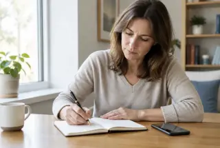 Femme notant l’évolution de symptômes dans un carnet avec son téléphone à portée de main, dans un intérieur lumineux.