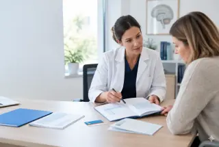 Patiente échangeant avec un médecin au sujet de son dossier de soins dans un cabinet lumineux.