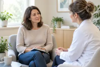 Patiente échangeant avec un professionnel de santé dans un cabinet lumineux et accueillant.