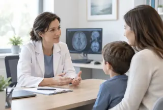 Neurologue échangeant avec une mère et son enfant dans un cabinet médical au sujet du risque familial de sclérose en plaques.