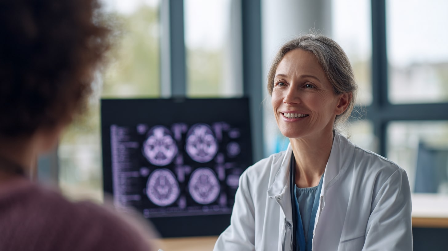 Neurologue expliquant des images du cerveau à une patiente dans le cadre du suivi de la sclérose en plaques.