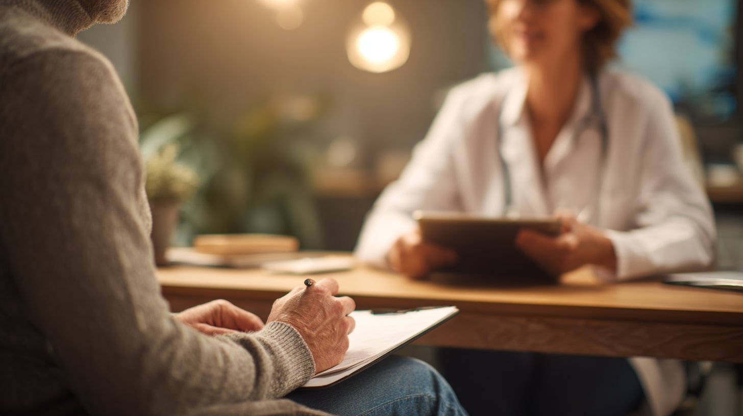 Consultation médicale entre un patient et un professionnel de santé pour le suivi de la sclérose en plaques.